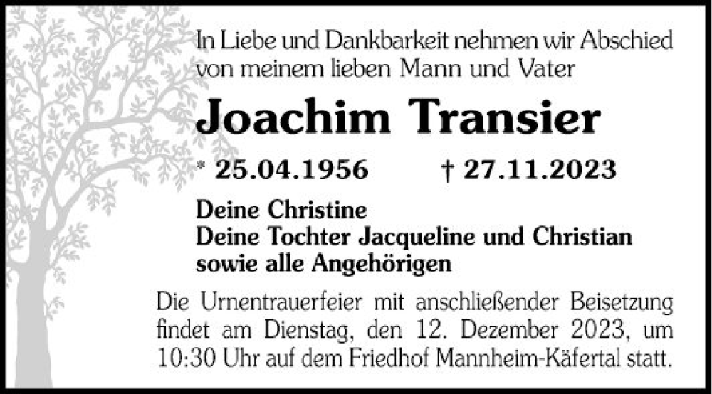  Traueranzeige für Joachim Transier vom 09.12.2023 aus Mannheimer Morgen