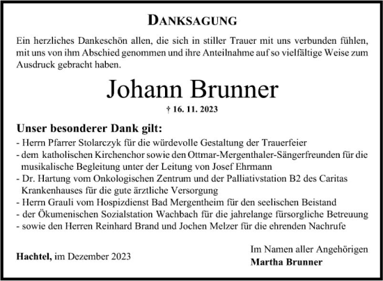 Traueranzeige von Johann Brunner von Fränkische Nachrichten