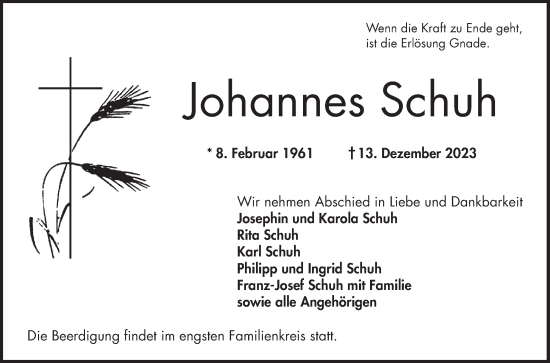 Traueranzeige von Johannes Schuh von Bergsträßer Anzeiger