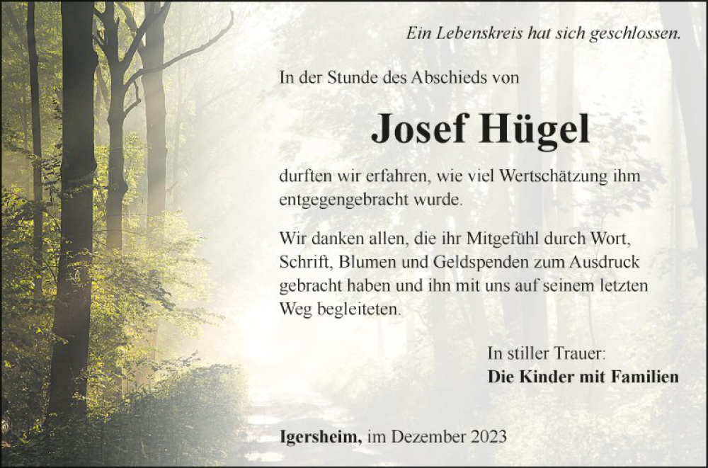  Traueranzeige für Josef Hügel vom 27.12.2023 aus Fränkische Nachrichten