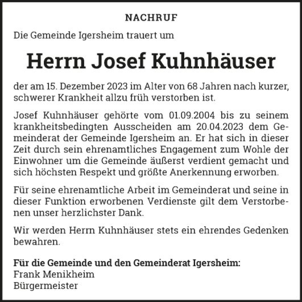  Traueranzeige für Josef Kuhnhäuser vom 20.12.2023 aus Fränkische Nachrichten