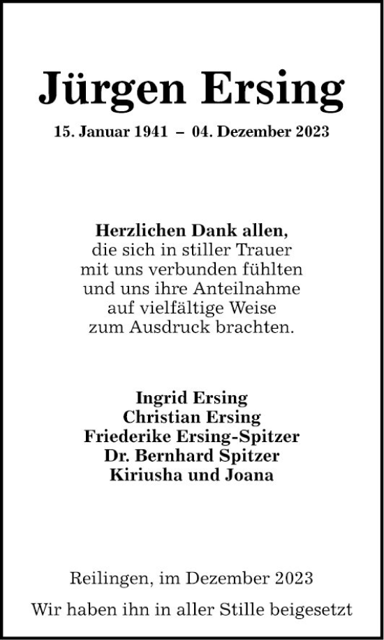 Traueranzeige von Jürgen Ersing von Schwetzinger Zeitung