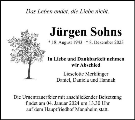 Traueranzeige von Jürgen Sohns von Mannheimer Morgen