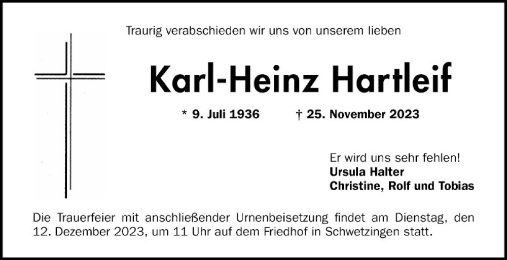  Traueranzeige für Karl-Heinz Hartleif vom 09.12.2023 aus Schwetzinger Zeitung