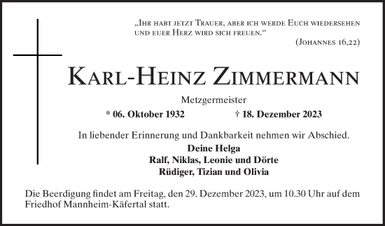 Traueranzeige von Karl-Heinz Zimmermann von Mannheimer Morgen