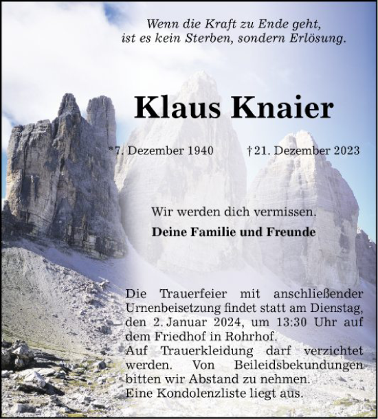 Traueranzeige von Klaus Knaier von Schwetzinger Zeitung