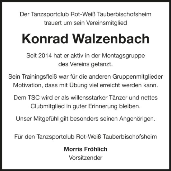 Traueranzeige von Konrad Walzenbach von Fränkische Nachrichten