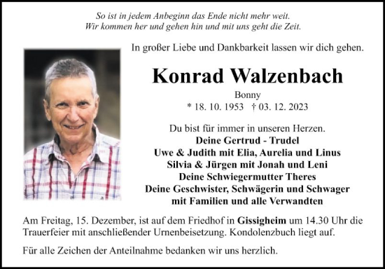 Traueranzeige von Konrad Walzenbach von Fränkische Nachrichten