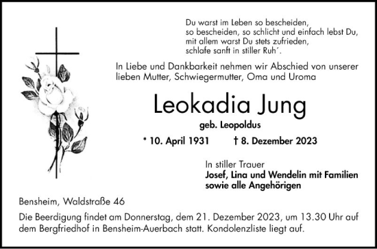 Traueranzeige von Leokadia Jung von Bergsträßer Anzeiger