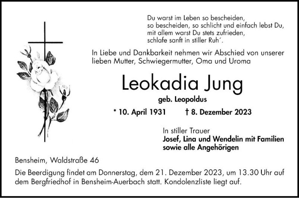  Traueranzeige für Leokadia Jung vom 16.12.2023 aus Bergsträßer Anzeiger