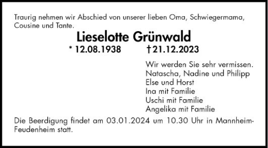 Traueranzeige von Lieselotte Grünwald von Mannheimer Morgen