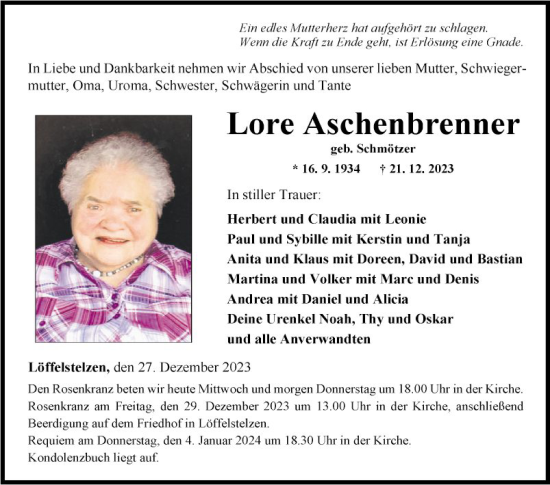 Traueranzeige von Lore Aschenbrenner von Fränkische Nachrichten