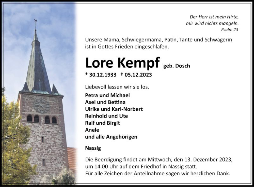  Traueranzeige für Lore Kempf vom 09.12.2023 aus Fränkische Nachrichten