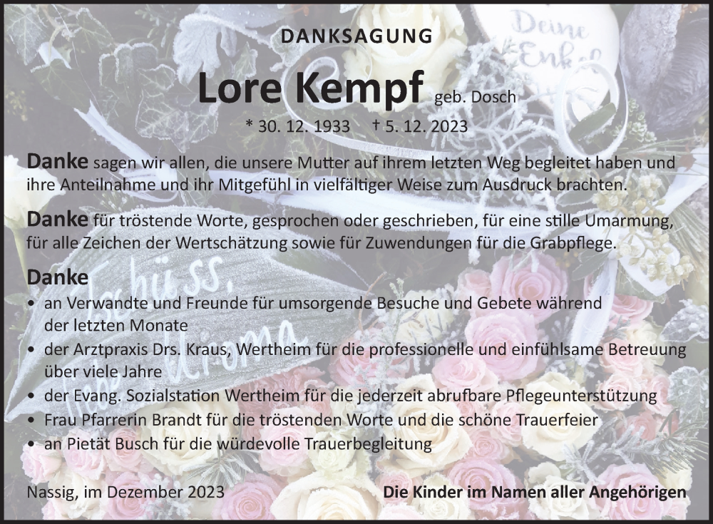  Traueranzeige für Lore Kempf vom 23.12.2023 aus Fränkische Nachrichten