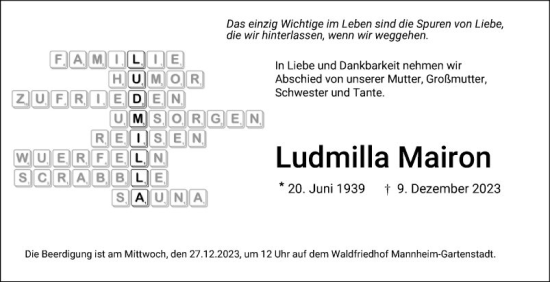 Traueranzeige von Ludmilla Mairon von Mannheimer Morgen