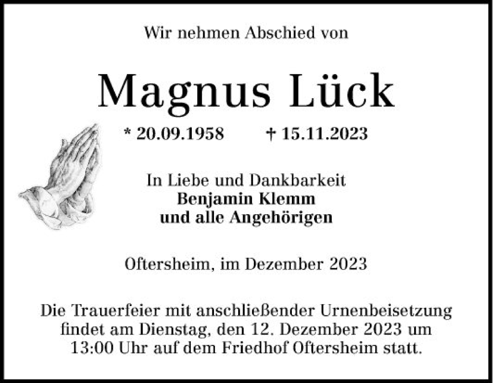  Traueranzeige für Magnus Lück vom 07.12.2023 aus Schwetzinger Zeitung