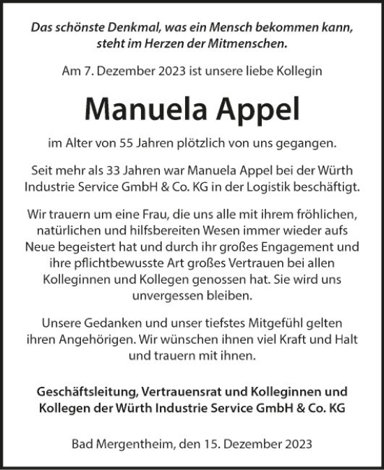 Traueranzeige von Manuela Appel von Fränkische Nachrichten