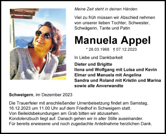 Traueranzeige von Manuela Appel von Fränkische Nachrichten