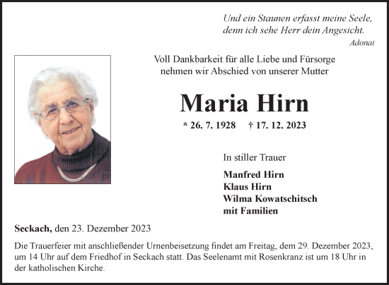 Traueranzeige von Maria Hirn von Fränkische Nachrichten
