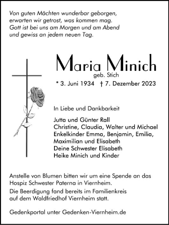 Traueranzeige von Maria Minich von Mannheimer Morgen