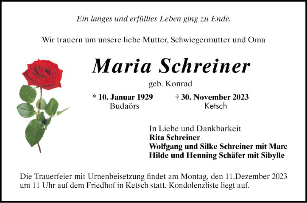  Traueranzeige für Maria Schreiner vom 07.12.2023 aus Schwetzinger Zeitung