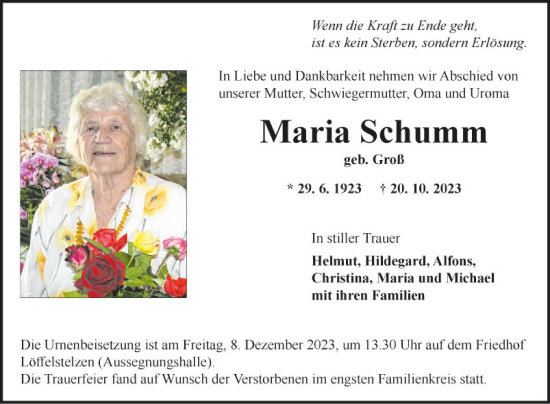 Traueranzeige von Maria Schumm von Fränkische Nachrichten