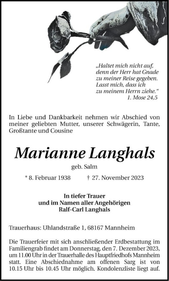 Traueranzeige von Marianne Langhals von Mannheimer Morgen
