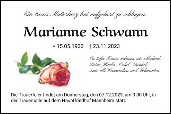 Traueranzeige von Marianne Schwann von Mannheimer Morgen