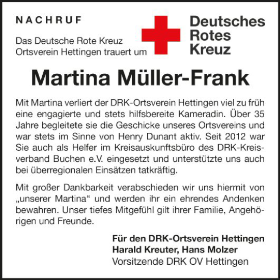 Traueranzeige von Martina Müller-Frank von Fränkische Nachrichten