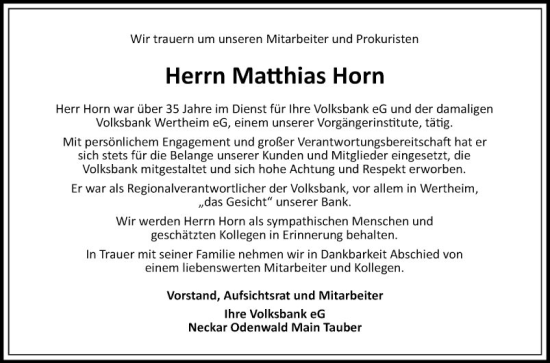 Traueranzeige von Matthias Horn von Fränkische Nachrichten