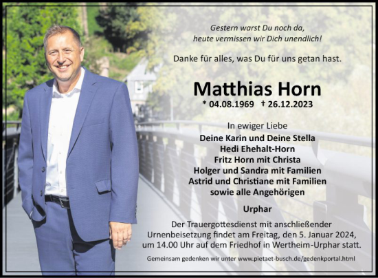 Traueranzeige von Matthias Horn von Fränkische Nachrichten