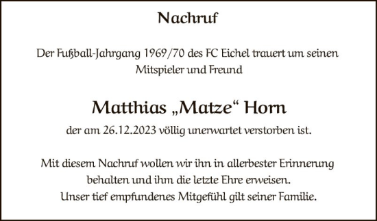 Traueranzeige von Matthias Horn von Fränkische Nachrichten