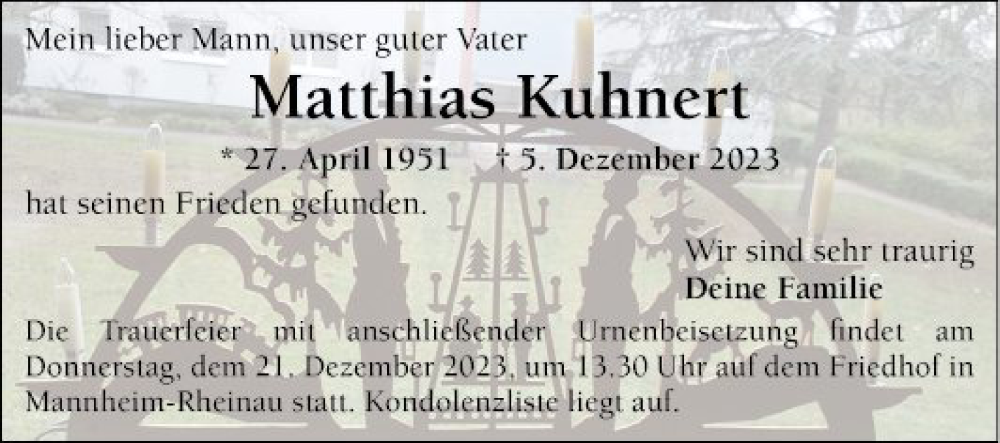  Traueranzeige für Matthias Kuhnert vom 16.12.2023 aus Mannheimer Morgen