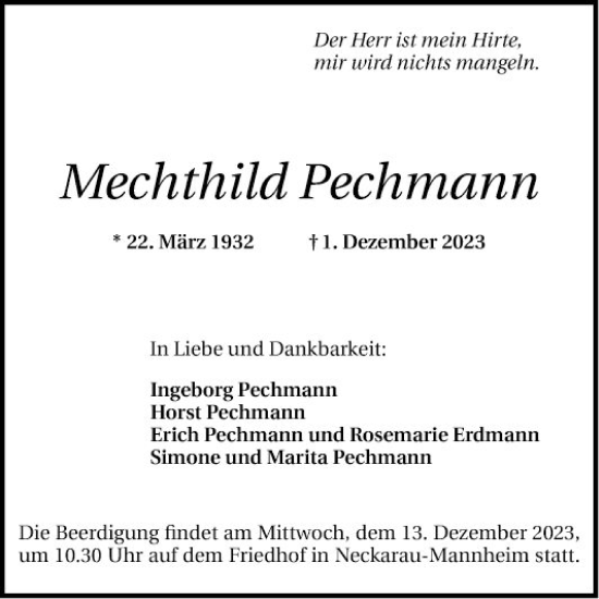 Traueranzeige von Mechthild Pechmann von Mannheimer Morgen