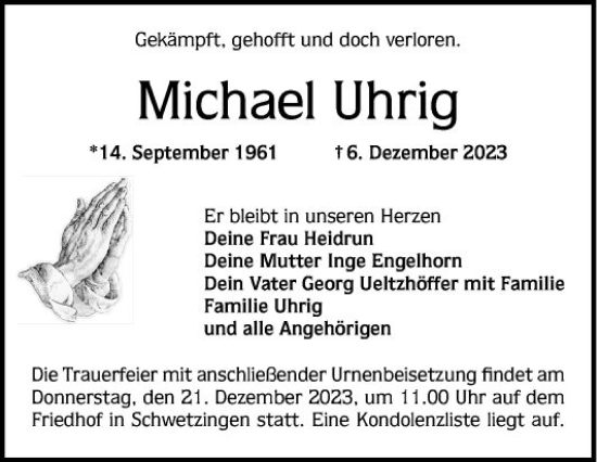 Traueranzeige von Michael Uhrig von Schwetzinger Zeitung