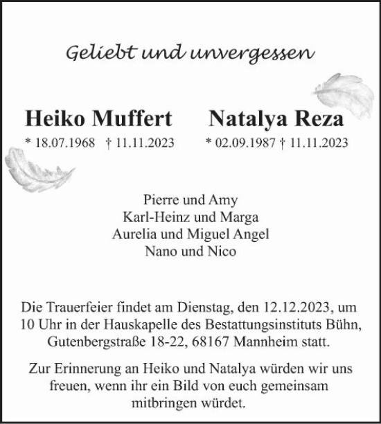 Traueranzeige von Natalya Reza von Mannheimer Morgen