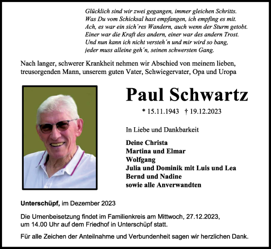 Traueranzeige von Paul Schwartz von Fränkische Nachrichten