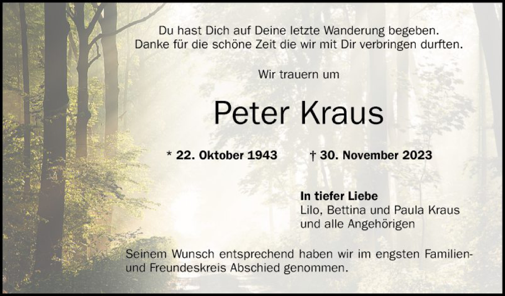  Traueranzeige für Peter Kraus vom 19.12.2023 aus Schwetzinger Zeitung