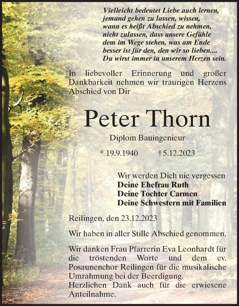  Traueranzeige für Peter Thorn vom 23.12.2023 aus Schwetzinger Zeitung