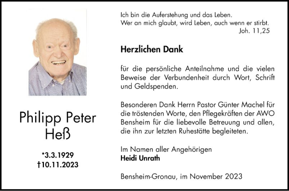  Traueranzeige für Philipp Peter Heß vom 02.12.2023 aus Bergsträßer Anzeiger