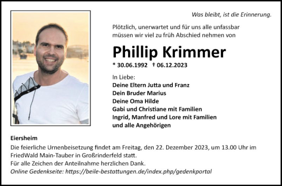 Traueranzeige von Phillip Krimmer von Fränkische Nachrichten