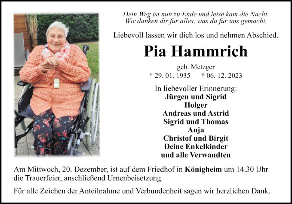  Traueranzeige für Pia Hammrich vom 14.12.2023 aus Fränkische Nachrichten
