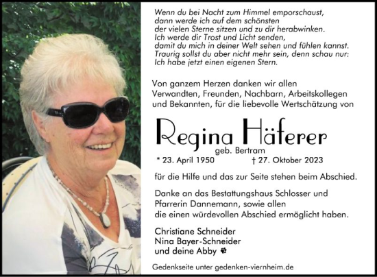 Traueranzeige von Regina Häferer von Mannheimer Morgen