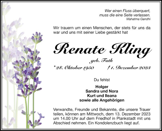 Traueranzeige von Renate Kling von Schwetzinger Zeitung