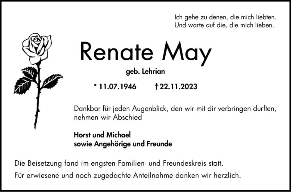  Traueranzeige für Renate May vom 09.12.2023 aus Bergsträßer Anzeiger