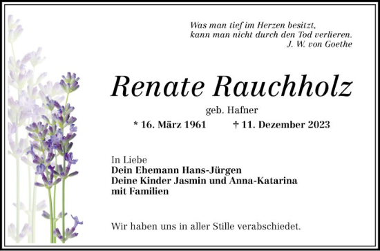 Traueranzeige von Renate Rauchholz von Schwetzinger Zeitung