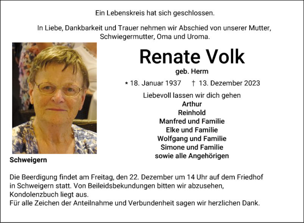  Traueranzeige für Renate Volk vom 20.12.2023 aus Fränkische Nachrichten