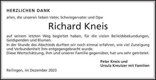 Traueranzeige von Richard Kneis von Schwetzinger Zeitung
