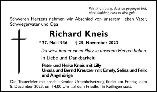 Traueranzeige von Richard Kneis von Schwetzinger Zeitung
