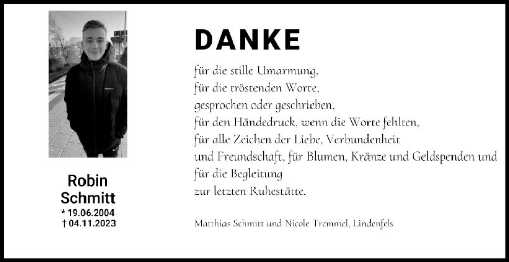  Traueranzeige für Robin Schmitt vom 16.12.2023 aus Bergsträßer Anzeiger